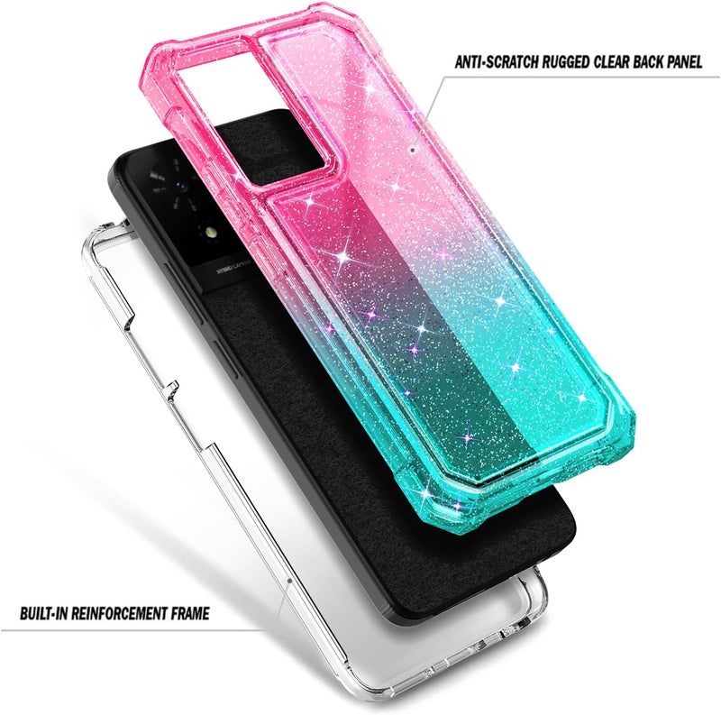 WDHD Compatible with TCL K24 & K23 & TCL 50 LE Phone Case Glitter Pink/Aqua | Full-Body Protective Shockproof Rugged Bumper Cover with Screen Protector, Raised Corners Drop Protection - Image 3
